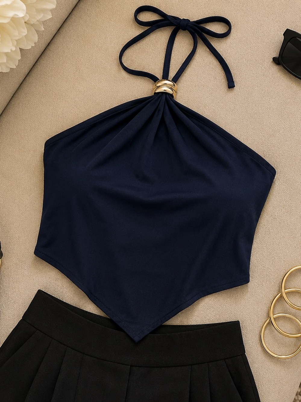 Navy Halter Neck Bandana Top